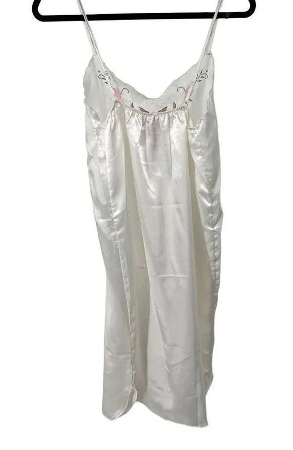 Vintage White Pink Floral Detail Spaghetti Strap Long Nightgown - Image 3