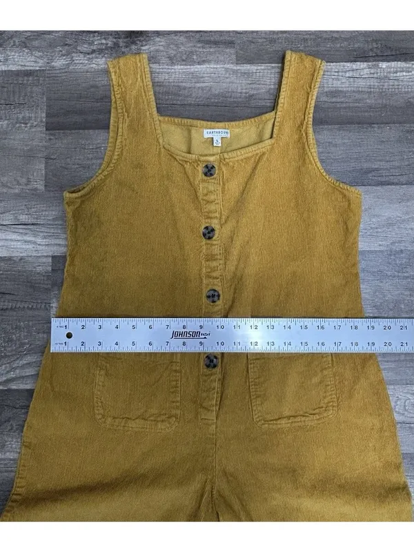 Earthbound Trading Company Corduroy Jumpsuit Large Mustard Cotton Boho Flawed - Image 6