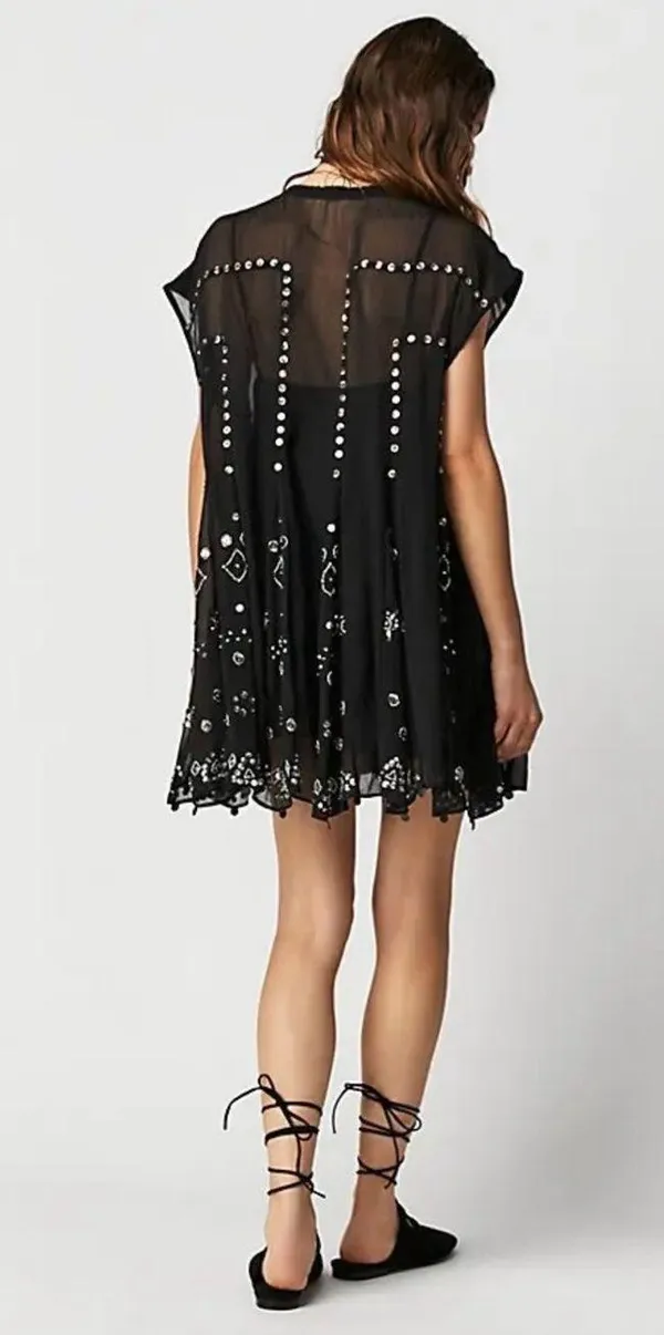 Free People Aston Black Studded Button-Front Sheer Tunic Dress Size Medium. A1 - Image 3