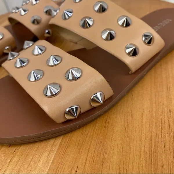 Nine West Brynli3 Studded Dual Strap Slide Sandals‎ Tan Silver 7 - Image 6