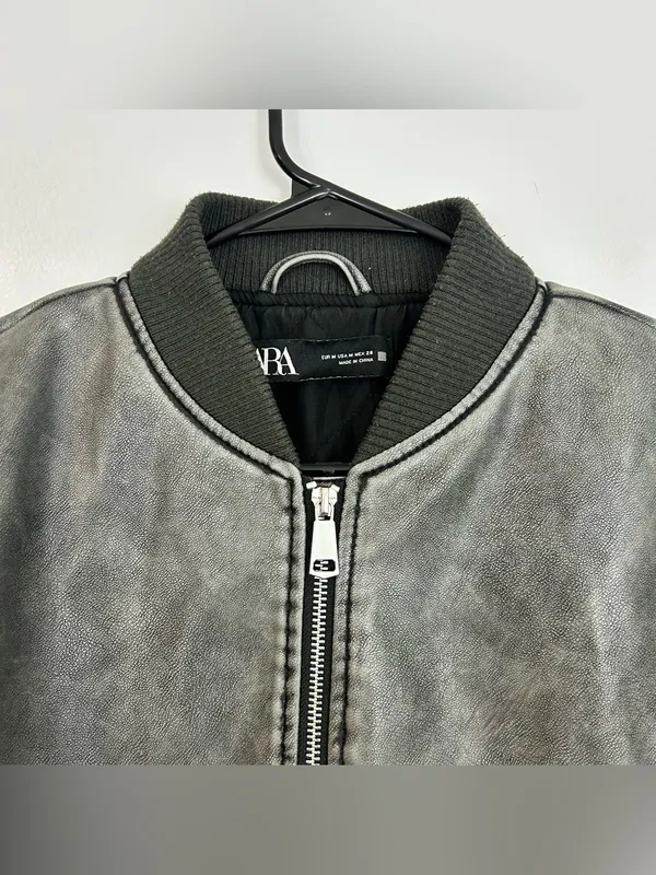 Zara Grey Zip Up Faux Leather Vegan Bomber Jacket Size Medium - Image 3