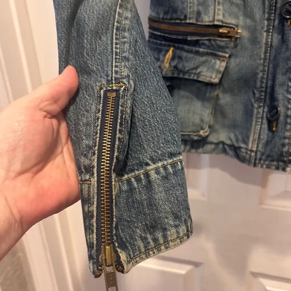 Old Navy Womens Medium Blue Denim Military Safari Jacket Zip Cargo Pockets Y2K - Image 7