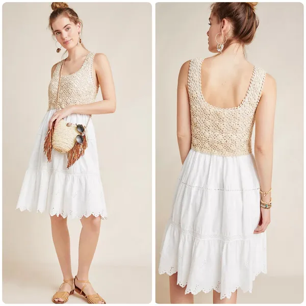 Anthropologie Womens Brittney Crochet Top Eyelet Boho Cottagecore Tiered Dress S - Image 2