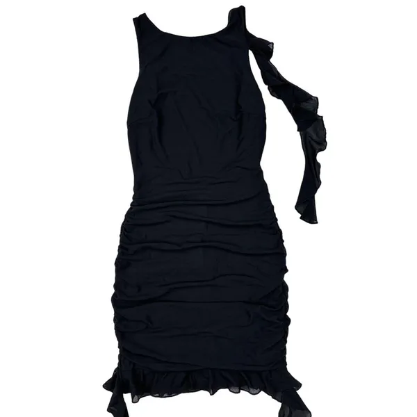 White Fox Boutique - Ruched Low back Mini Dress with Frill Details in Black - Image 2