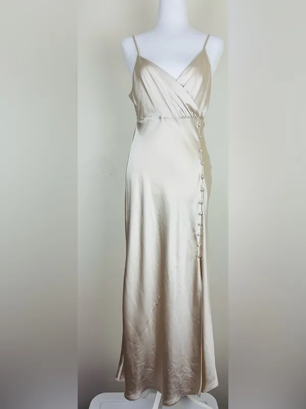Zara champagne colored satin slip dress with side slit and button detail. Est S - Image 2