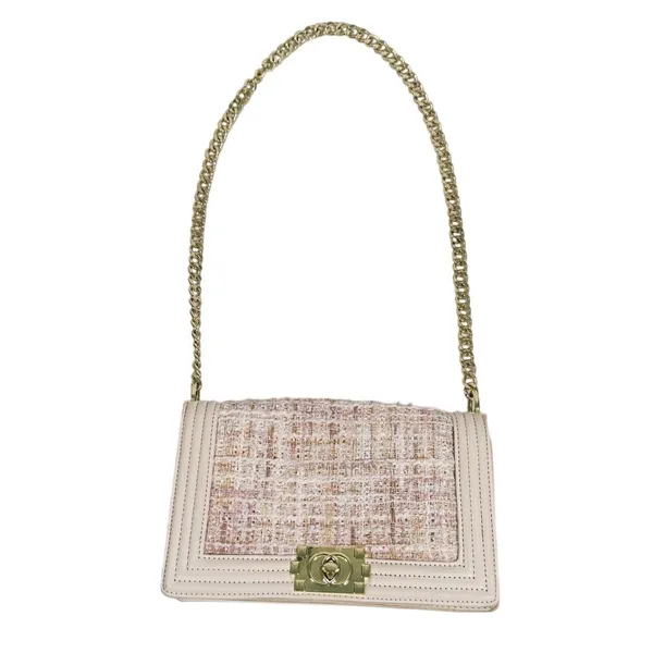Tweed Boy Chain Shoulder Bag Purse Cream Pink Gold Preppy Old Money Coquette - Image 3