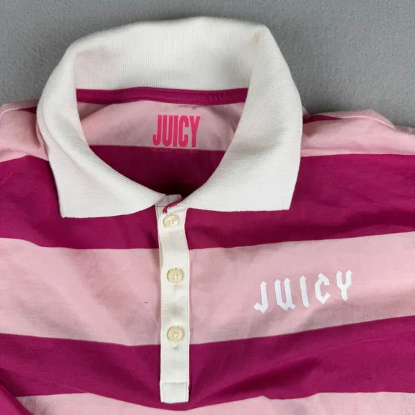 Juicy by Juicy Couture Pink Striped Long Sleeve Cropped Rugby Polo Shirt Small - Image 6