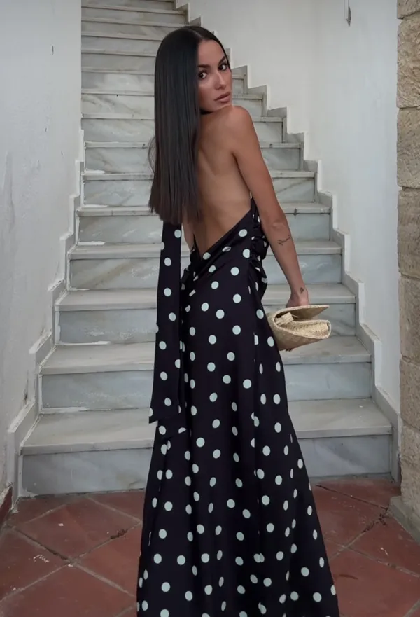 Zara Black Polka Dot Halter Satin Scarf Maxi Dress - Image 6