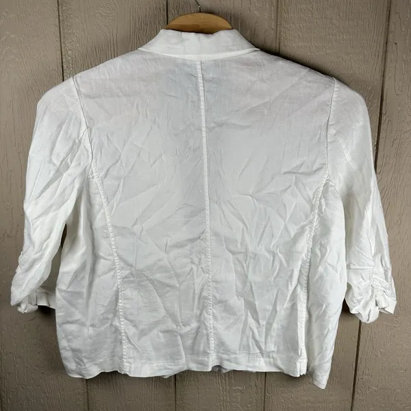 Chico's Linen Blend Blazer Womens 3 XL Ivory 3/4 Ruched Sleeve Coastal Grandma - Image 6