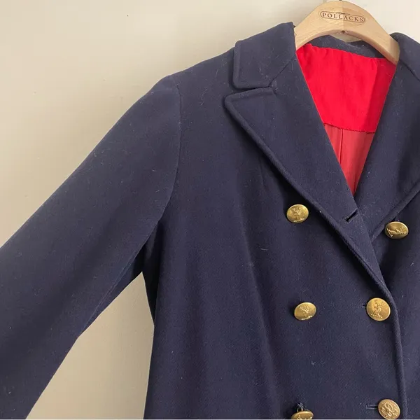 Vintage Navy Wool Pea Coat Red Lining Brass Stag Buttons Double Breasted - Image 5