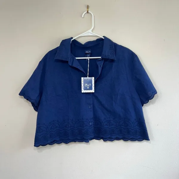 Roller Rabbit x Target Navy Blue Short Sleeve Button Down Large NEW Women - Image 2