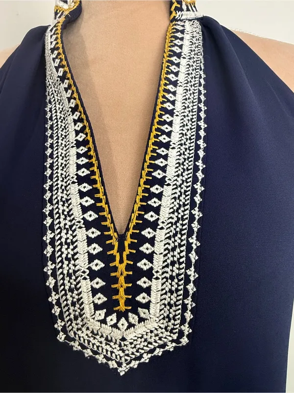 THML Navy Dress with White Embroidered Trim - Image 2