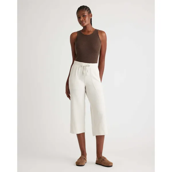 Quince S Small SuperSoft Fleece Cropped Wide Leg Pants Drawstring Off-White - Image 2
