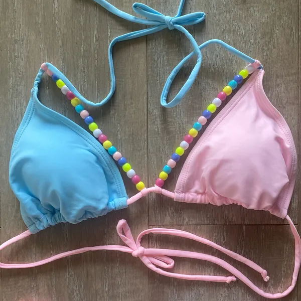 Pastel baby pink blue triangle cut out bead bikini top bottom swimsuit set XS NEW - Image 3