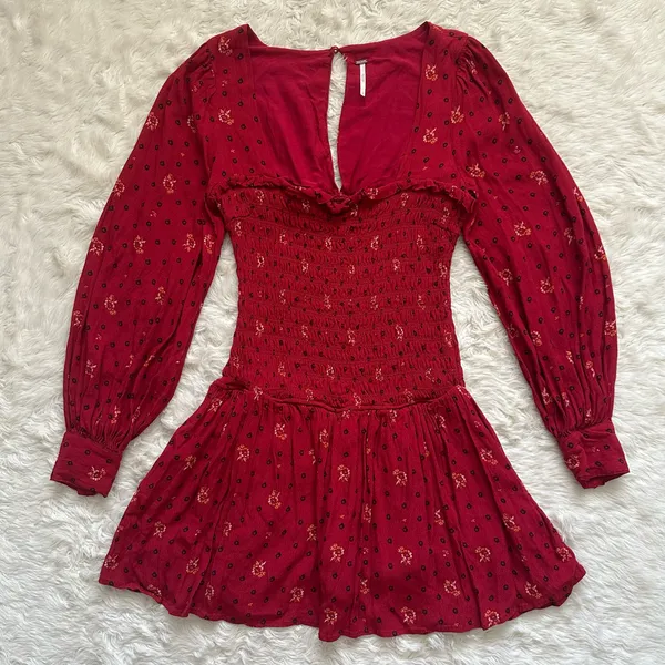 Free People Dress Two Faces Mini Ruched Bodice Long Sleeve Boho Ruby Red S - Image 4