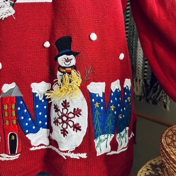 Vintage 90s Holiday Editions Christmas Whimsical Snowman Ugly Sweater - Image 2