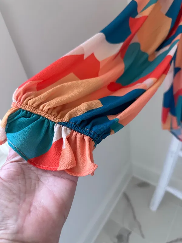 Vici Teal, Orange & Cream Abstract Balloon-Sleeve Blouse - Image 8