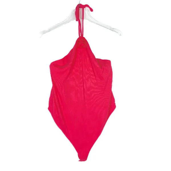 NWT Ribbed Rosette Bodysuit Sleeveless Halter Pink Size Large L NEW - Image 2