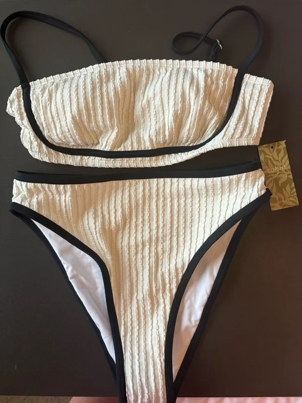 Cupshe Coastal Rib Piping Bandeau & High-Rise Bottoms Set - Image 4