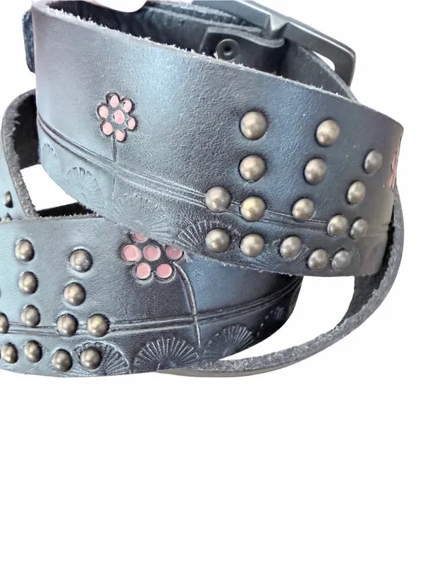Lucky Brand NWTs Black Leather Floral Embossed Studded Belt size XL - Image 3