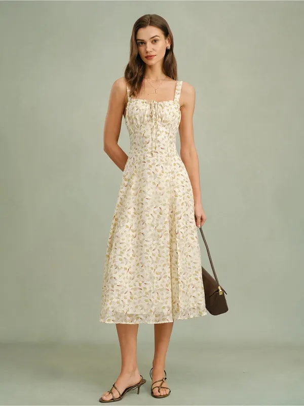 Rihoas Apricot Floral Zipper Slip Midi Dress - Image 5