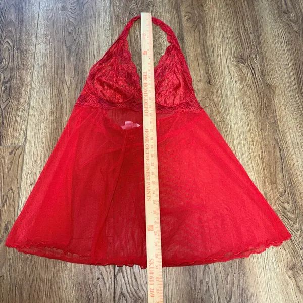 Victorias Secret Red Lace Mesh Babydoll Chemise Lingerie sz L Mini Slip Romantic - Image 2