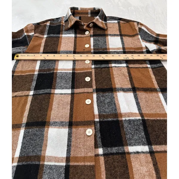 Womens Brown Plaid Button Down Shacket Oversized Flannel Shirt Jacket L - Image 4
