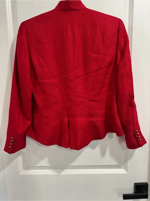 LAUREN Ralph Lauren Red Linen Military Jacket Mandarin Collar Brass Buttons Sz 6 - Image 4