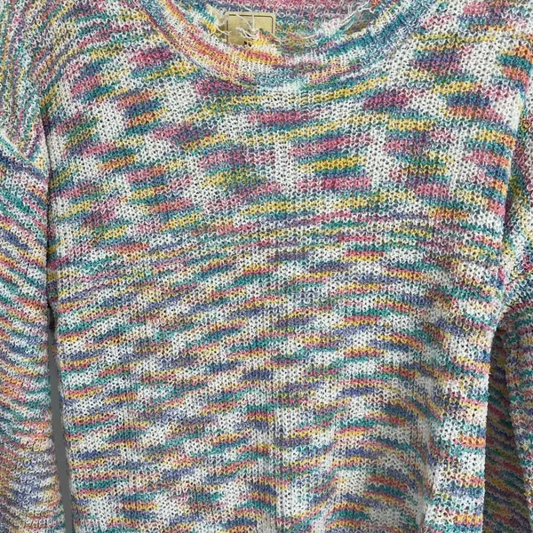 POL Rainbow Stripe Distressed Knit Sweater‎ Womens Small Lightweight Boho Fringe - Image 2
