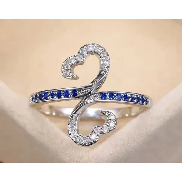 White Gold Plated Double Heart Lab Sapphire Ring Size‎ 7 - Image 10