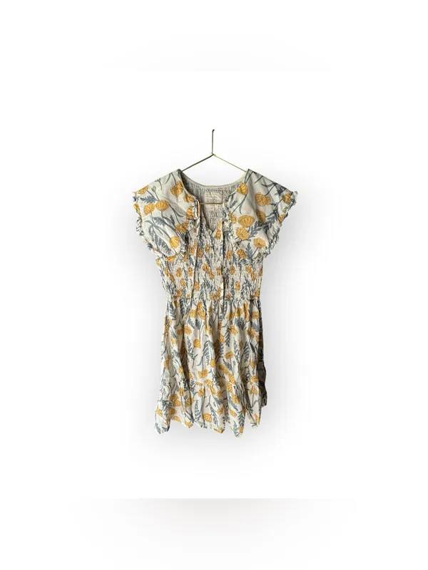 Umgee Honey Smocked Dress Cream Floral Button-Front Yellow Peter Pan collar - Image 2