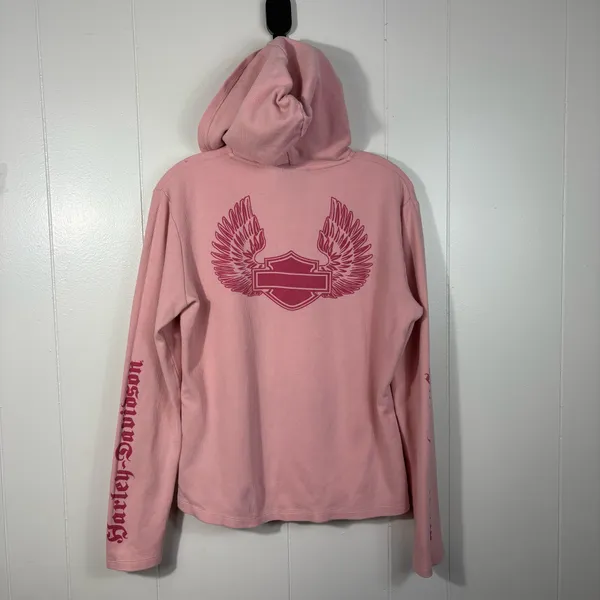 Vintage Y2K Harley Davidson Pink Hooded Thermal Long Sleeve Henley Top Grunge L - Image 5