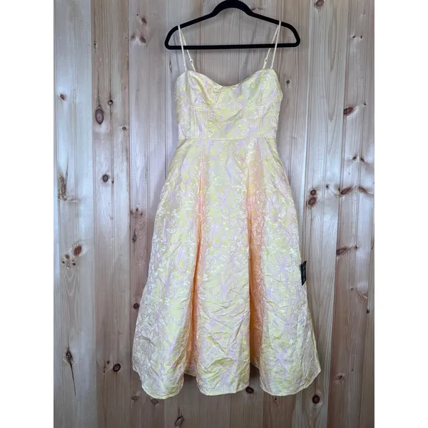 NWT Lulus Meet for Tea Yellow Jacquard Bustier Midi Dress With Pocket Wedding XS - Image 2