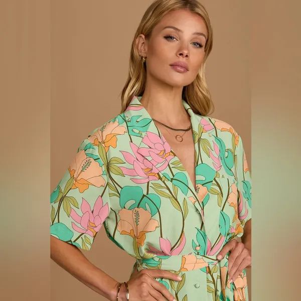 Lulus Totally Tropical Light Green Floral Print Button-Up Shirt Dress - Image 4