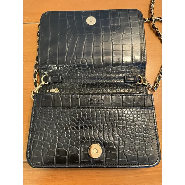 Bebe Fabiola Stamped Crocodile Faux Leather Crossbody Small‎ Handbag Black Gold - Image 4
