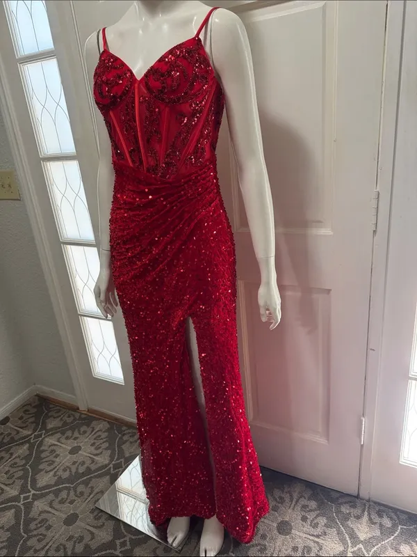 Unbranded Off shoulder Beaded Corset Slit Red Sequin Ruched Evening Gown Sz 6 A - Image 5
