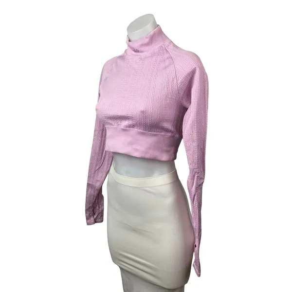 Alo Yoga Seamless Pink Cable Knit Mock Neck Long Sleeve Athletic Crop Top Sz S - Image 2