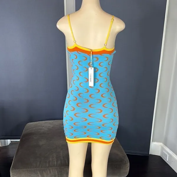 Women’s Blue BodyCon Mini Dress Crescent Pattern Adjustable Straps Size M NWT - Image 4
