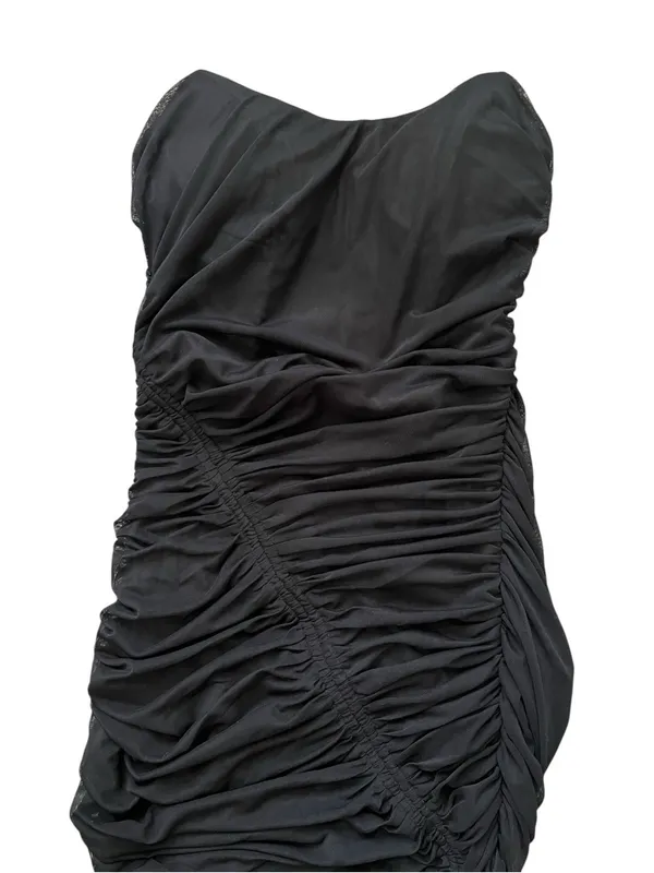 MABLE Simone Black Ruched Mesh Asymmetrical Drawstring Midi Dress Bodycon M - Image 5