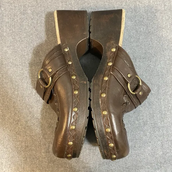 Lower East Side‎ 9.5 Vintage 90s Y2K brown Leather Slip On Chunky Platform Mules - Image 7