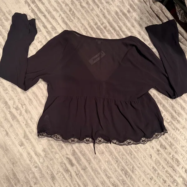 NWT Garage Black‎ Sheer Lace Trim Tie-Front Long Sleeve Blouse - Women’s Size XL - Image 3