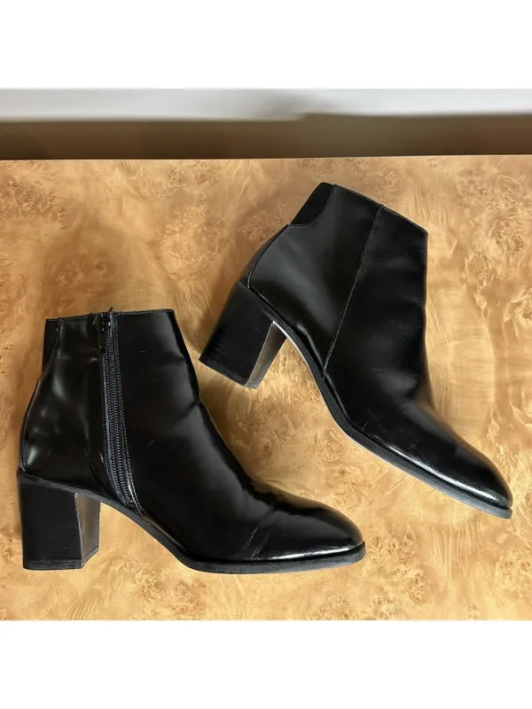 Hunt Club Victoria Black Leather Ankle Boots Chelsea Block Heel Italy Size 8.5 M - Image 4