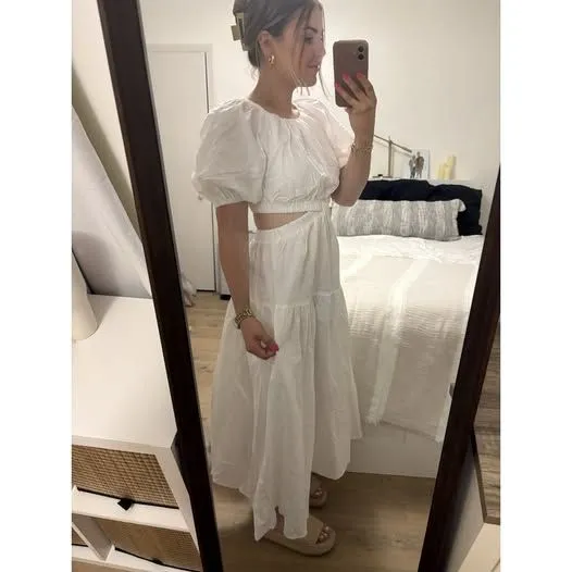 EXLBES Puff Sleeve Cut Out Back Maxi Dress White Size Small Coastal 100% Cotton - Image 3