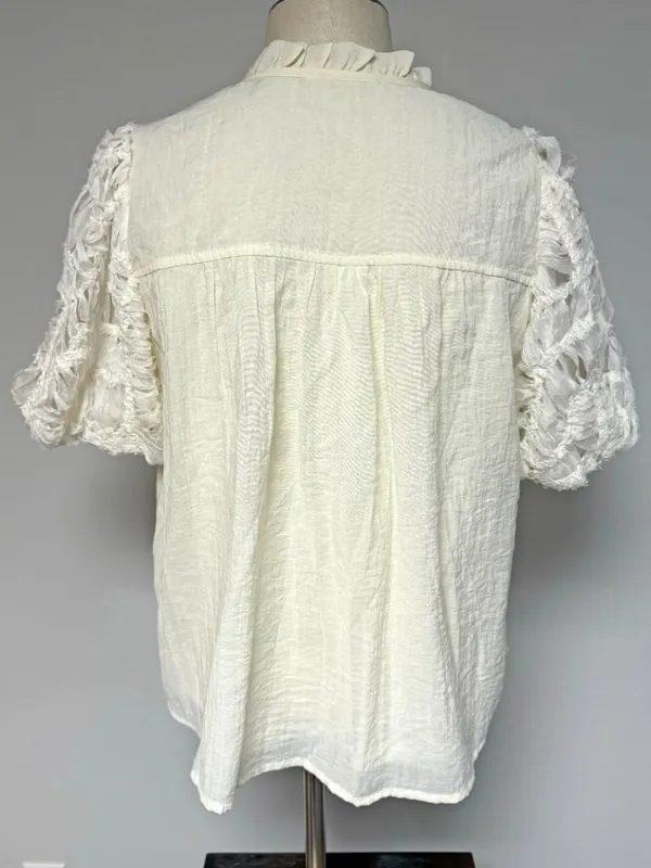 Listicle Textured Shaggy Fringed Puff Sleeve Blouse - Image 4