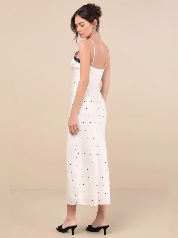 Lulus Majella Ivory Polka Dot Satin Lace Slip Midi Dress Size M - Image 3