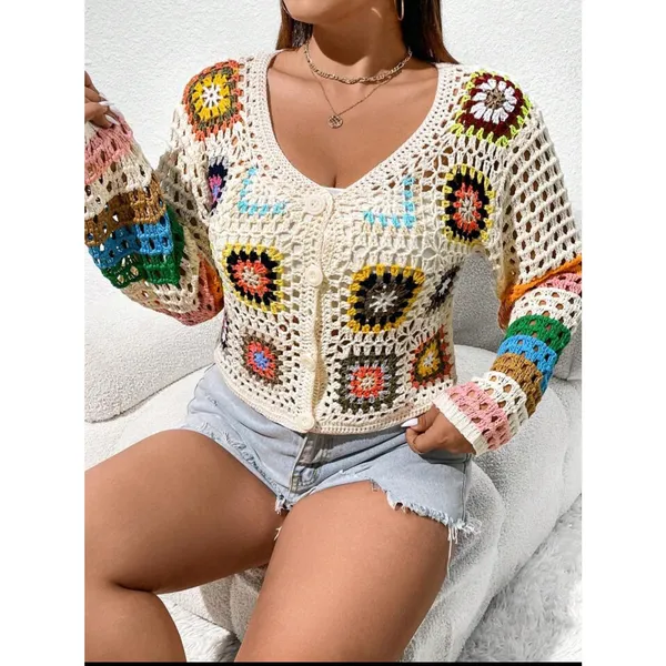 Shein Crochet Cardigan Womens Multicolor S SunnyBelle Button Long‎ Sleeve V Neck - Image 2