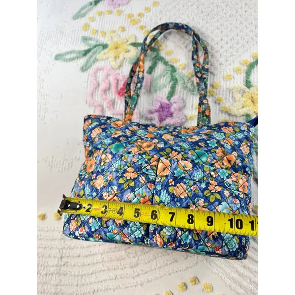 Blue‎ Floral Quilted Cotton Tote Bag Zippered Shoulder Bag with Pockets - Image 4