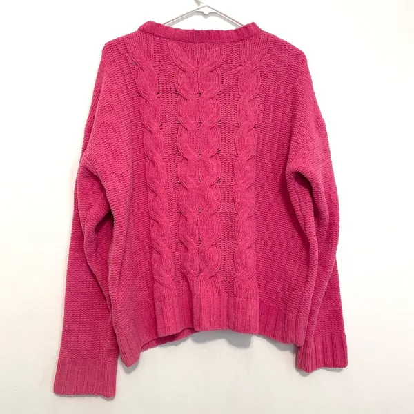AMERICAN EAGLE AEO AE Chenille Cable Knit Sweater Bright Pink Barbie Oversized L - Image 12