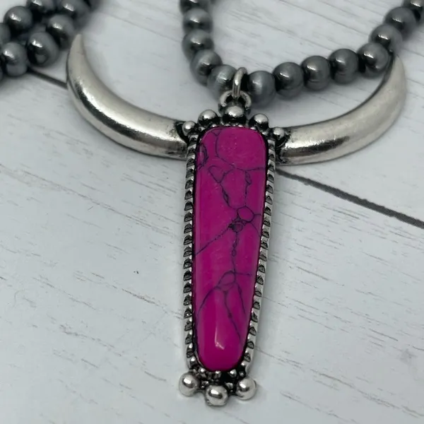 New Pink and Silver Longhorn Pendant on 18” Beaded Navajo Style Chain - Image 8