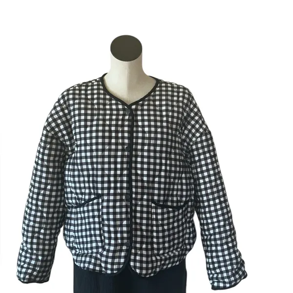 NWT Runway Houndstooth Gingham Black White Plaid Check Cotton Quilted Jacket XL - Image 2